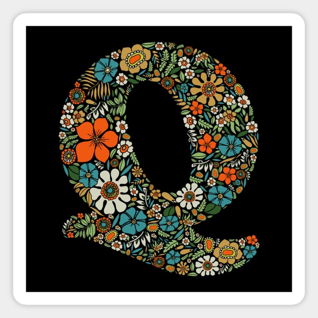 Hippie Floral Letter Q Magnet by zeljkica